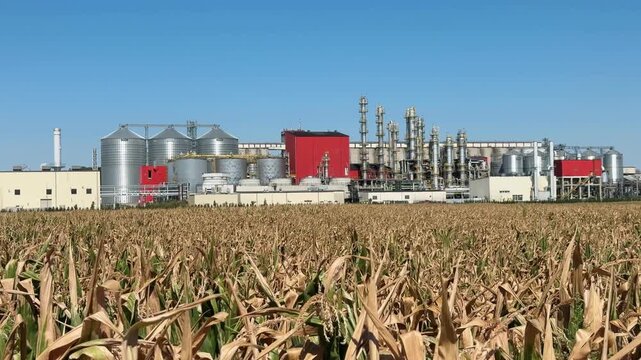 View of methanol and ethanol factory plant in corn field. Bioagra Goswinowice Ethanol Production Plant located near Nysa in Poland. Factory of bioethanol and ethanol produced from corn grain