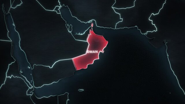 Digital map animation highlighting Oman, Middle East, with a glowing red color fill, neon borders, and typography, ideal for an educational documentary or geographic infographic presentation.
