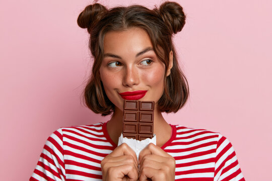 Playful young woman with twin buns poses with a milk chocolate bar on pink. Sweet snack, playful portrait, dessert choice.