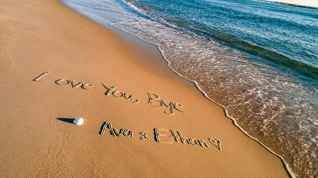 Love You, Bye Sand Writing with Personalized Ava and Ethan Names and Soft Diagonal Foam in a Clean Aerial Beach Scene &ndash; great for anniversary cards