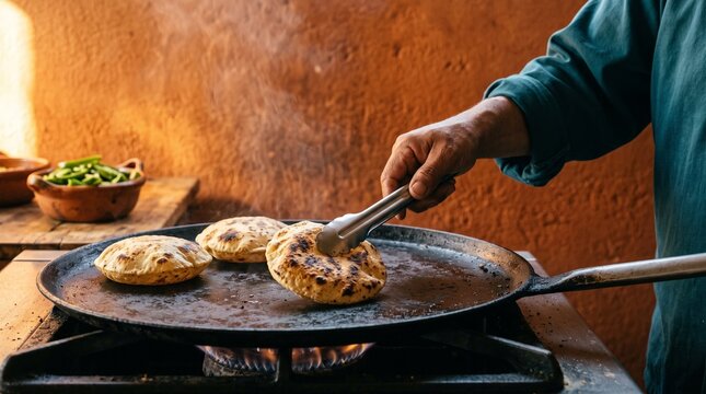 Cook turning blistered masa rounds on a hot comal