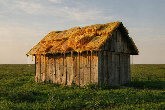 Wooden Barn Roofed With Golden Honeycomb in Field