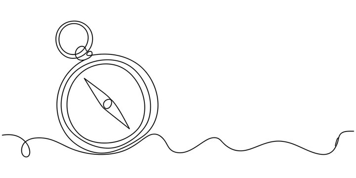 Continuous single line drawing of a navigation compass showing direction for travel and adventure isolated on a clean white background for design use Vector, illustration