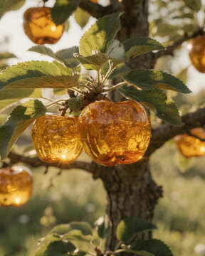 Translucent Amber Glass Apples Hanging on a Sunlit Orchard Tree
