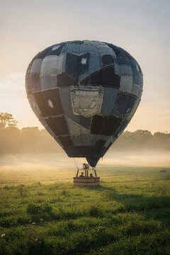 Hot Air Balloon Made of Stitched Indigo Denim Patchwork at Dawn