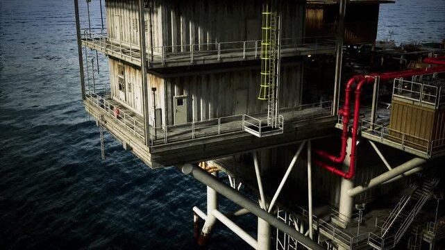 Offshore oil rig deck corner showing red piping and steel supports, gritty texture, salt spray staining, maintenance access walkway and structural braces