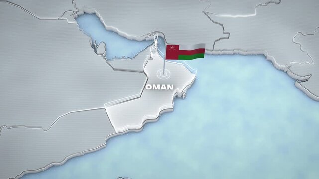 3D map animation of Oman, Middle East featuring a glowing border highlight, national flag, and extruded typography, ideal for educational presentations or travel documentaries.
