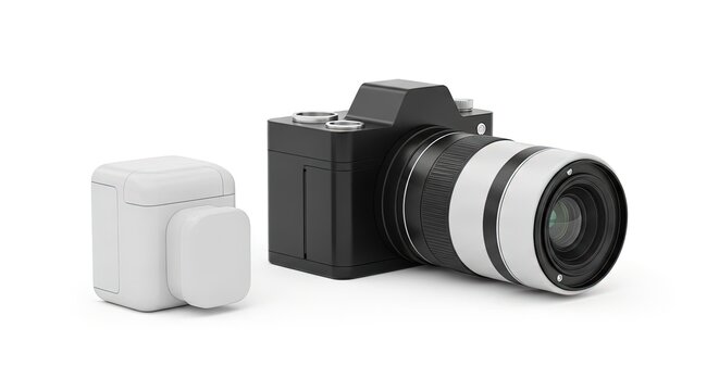 Modern DSLR camera with a zoom lens and a white camera accessory isolated on a clean white background