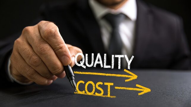 A businessman draws arrows pointing to quality and cost concepts on a dark surface. This professional strategy image illustrates business management and financial analysis.