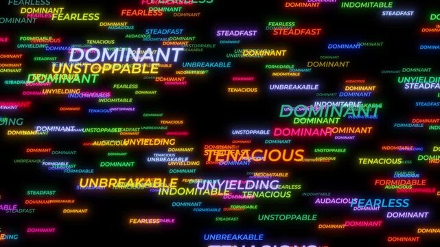 Glowing Neon Word Cloud Of Motivational Power Words Colorful Text Animation Featuring Dominant Unstoppable And Fearless Typography Moving Through Dark Abstract Space Inspiring Vibrant Kinetic Digital 
