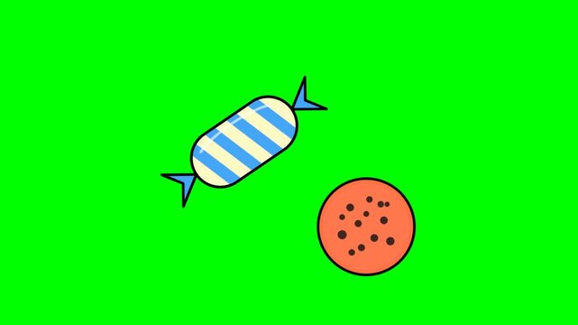 2D animated cartoon candy and chocolate chip cookie floating on green screen background