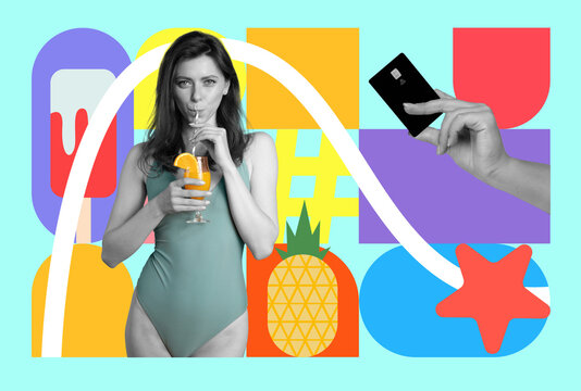 Happy Young Caucasian Female Enjoying Tropical Cocktail While Relaxing In A Swimwear At Beach Setting, Holding A Credit Card With An Energetic Vibe. Weight Loss Concept.