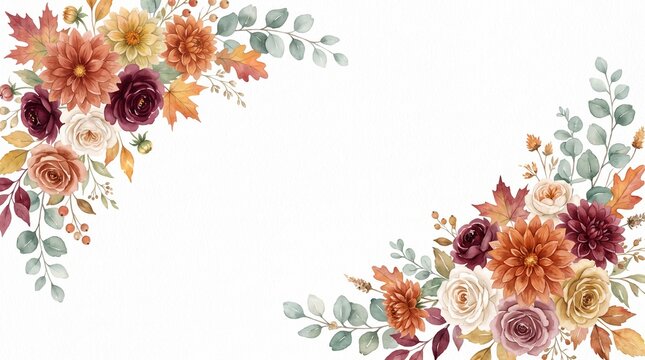 Autumn floral corner border with dahlia, rose and eucalyptus leaves. Fall frame, banner, background. Burnt orange flowers, yellow, terracotta  foliage. Watercolor illustration. Rustic wedding