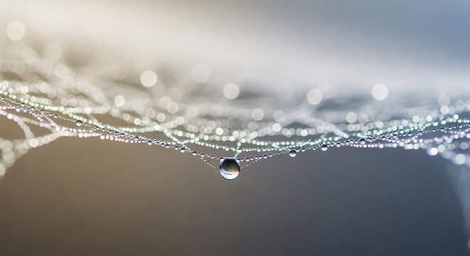 Macro photograph of a delicate spider web with glistening morning dew, moisture