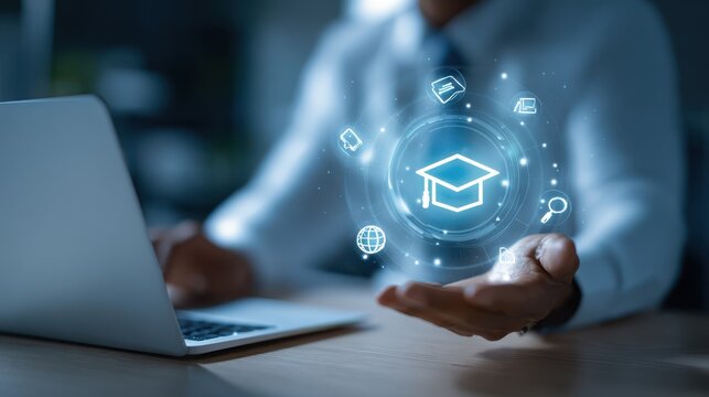 A professional using a laptop interacts with a glowing digital graduation cap icon. This visual represents modern online learning and remote education technology.