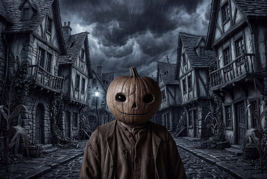 Halloween pumpkin with houses