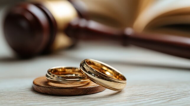 Two gold wedding rings rest in front of a wooden judge gavel. Concept for legal divorce proceedings or family court settlements.