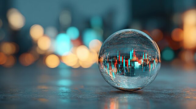 A crystal ball captures a glowing stock market candlestick chart against a bokeh city background. This reflects financial forecasting and market analysis concepts.