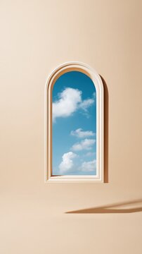 Arched doorway window floating in a minimalist beige landscape, showing a bright blue sky with soft white clouds for a surreal conceptual banner