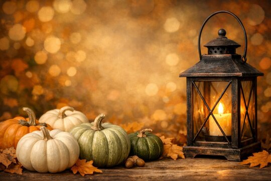 Warm autumn lantern and assorted pumpkins still life for thanksgiving background and cozy seasonal poster design with bokeh lights