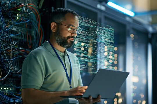 Male it technician with glasses and beard using laptop in server room with floating code overlay for system diagnostics background and network operations banner