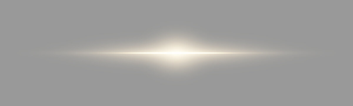  Bright golden beam with smooth glowing edges and lens flare. Elegant horizontal light line on transparent background. PNG stock illustration.