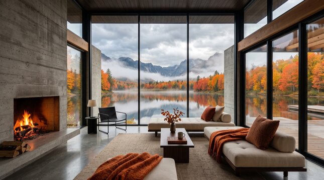 A stunning backdrop of autumn leaves surrounding a retirement lake with colorful fall trees. Inside, an online webinar presentation in a home office, complete with a fireplace and a virtual room