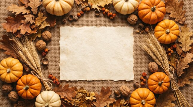 rustic vintage background design as letter paper with frame made of pumpkins, chesnuts, leafs and autumn elements, fall wallpaper for menu, announcements and season invitations