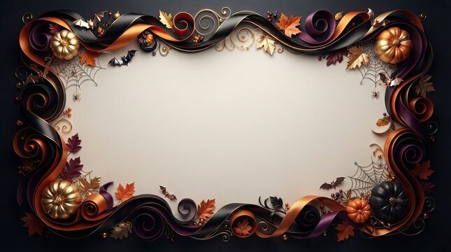 A festive halloween border featuring decorative pumpkins and autumn leaves surrounding a blank central space for your holiday text