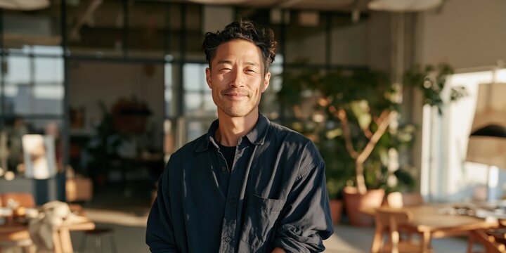 Young male professional standing in a bright modern office space for casual portrait and corporate profile background use
