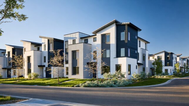 Modern multi-family residential townhome complex with minimalist architecture and landscaped grounds. Ideal for real estate, housing market, and suburban lifestyle branding.