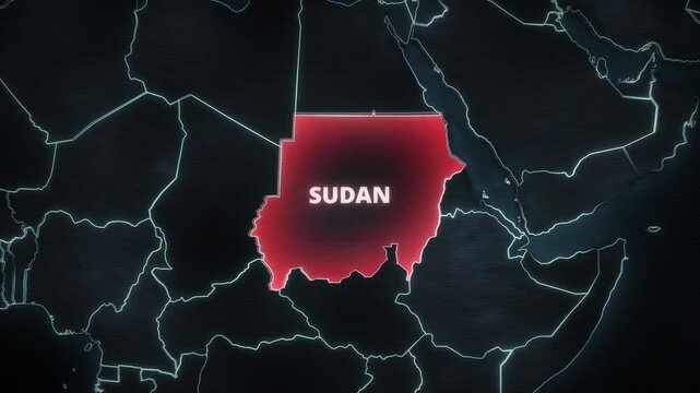 Digital map of Sudan, Africa featuring a glowing red territorial highlight and typography, ideal for an educational documentary visual or presentation backdrop.

