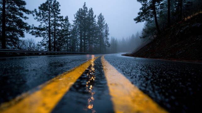 A wet asphalt road with yellow lines stretches through a foggy, dark pine forest. This moody landscape evokes themes of mystery, travel, and personal transition.
