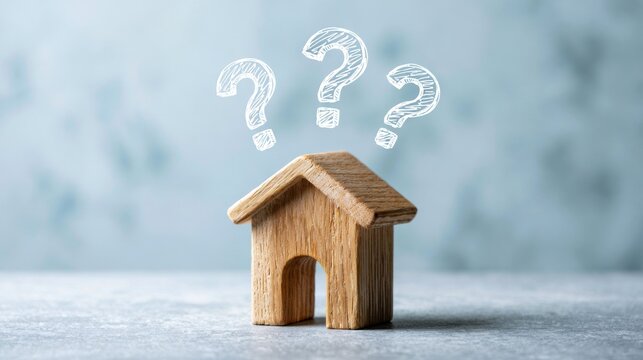 A small wooden house model with question marks floating above on a textured background. Real estate uncertainty and property market decision concept.
