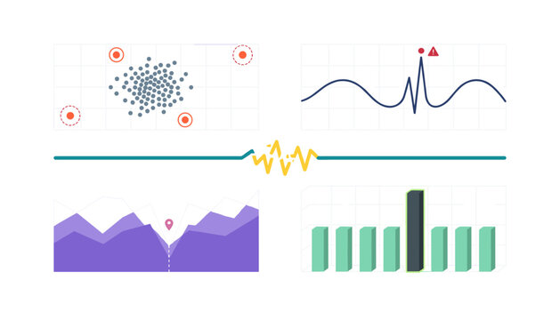 Data Anomaly Detection and Outlier Analysis Chart Set with Statistical Scatter Plots, Waveform Pulse Spikes, and Infographic Metric Deviations Vector Elements