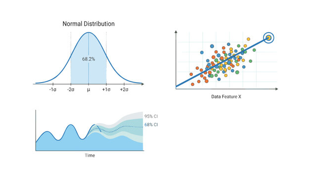 Data Science and Statistical Analysis Infographic Set with Normal Distribution Bell Curve, Linear Regression Scatter Plot, and Time Series Forecasting Charts Vectors