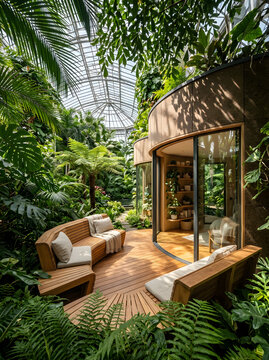 Retractable modular micro-home in lush botanical garden