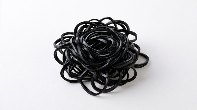 A tangle of black elastic rubber bands isolated on white background. This abstract image represents complexity, chaotic systems, or organizational challenges.