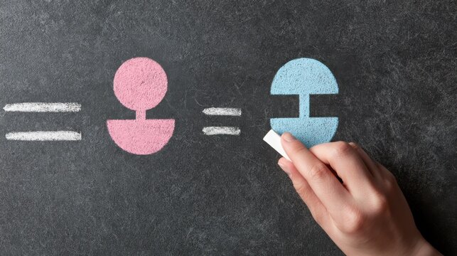 Hand drawing gender equality symbols on a dark chalkboard with white chalk. This conceptual image highlights modern views on social balance and inclusive education.