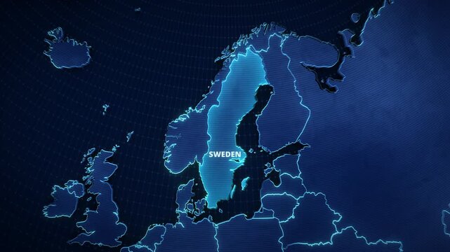 Digital map animation of Sweden, Scandinavia, featuring glowing neon borders and a grid background, ideal for a broadcast news overlay or presentation backdrop.

