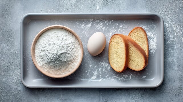 A bowl of flour, a raw egg, and bread slices on a tray. This flat lay composition is ideal for baking themes and culinary advertisements.