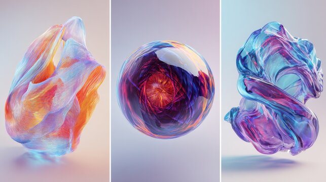 Abstract translucent iridescent fluid shapes rendered in 3D with vibrant colors. These futuristic digital art forms represent modern technology and innovation concepts.