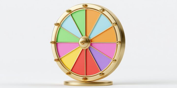 Golden fortune wheel with colorful segments isolated on white background. Useful for business marketing, prize concepts, or gambling promotions.