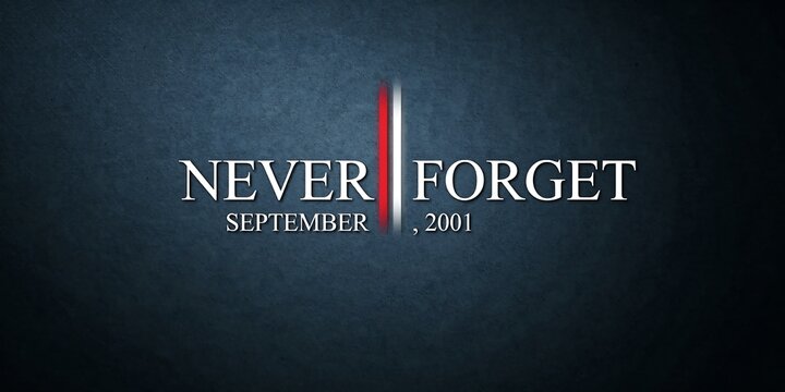 September 11 memorial banner with white text on dark blue textured background and vertical red and white lines symbolizes the twin towers for patriot day remembrance and honor event.