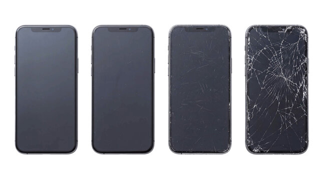 smartphone damage progression transparent background device screen scratched cracked shattered Stages compare increasing damage to smartphone for education interface and commercial communication