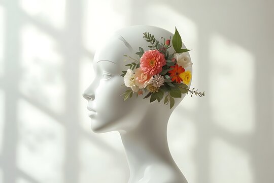 White Mannequin Head with Floral Hair Accessory Photo &ndash; Elegant Bridal Floral Headpiece and Flower Wreath Concept