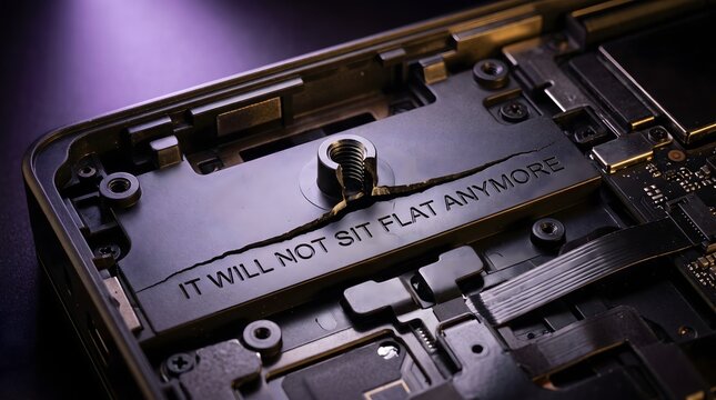 Macro view of a broken internal hardware component with the text IT WILL NOT SIT FLAT ANYMORE engraved on it, symbolizing irreparable damage and technical failure