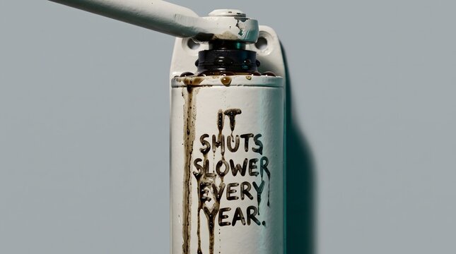 A metaphorical image of a leaking white hydraulic door closer with black oil drips forming the words IT SHUTS SLOWER EVERY YEAR, symbolizing the inevitable process of aging and decay.