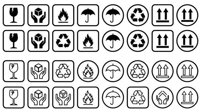 Shipping and packaging label vector illustration set featuring monochrome icons for fragile handling and logistics instructions