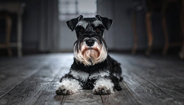 Miniature Schnauzer Dog Lying on a Wooden Floor